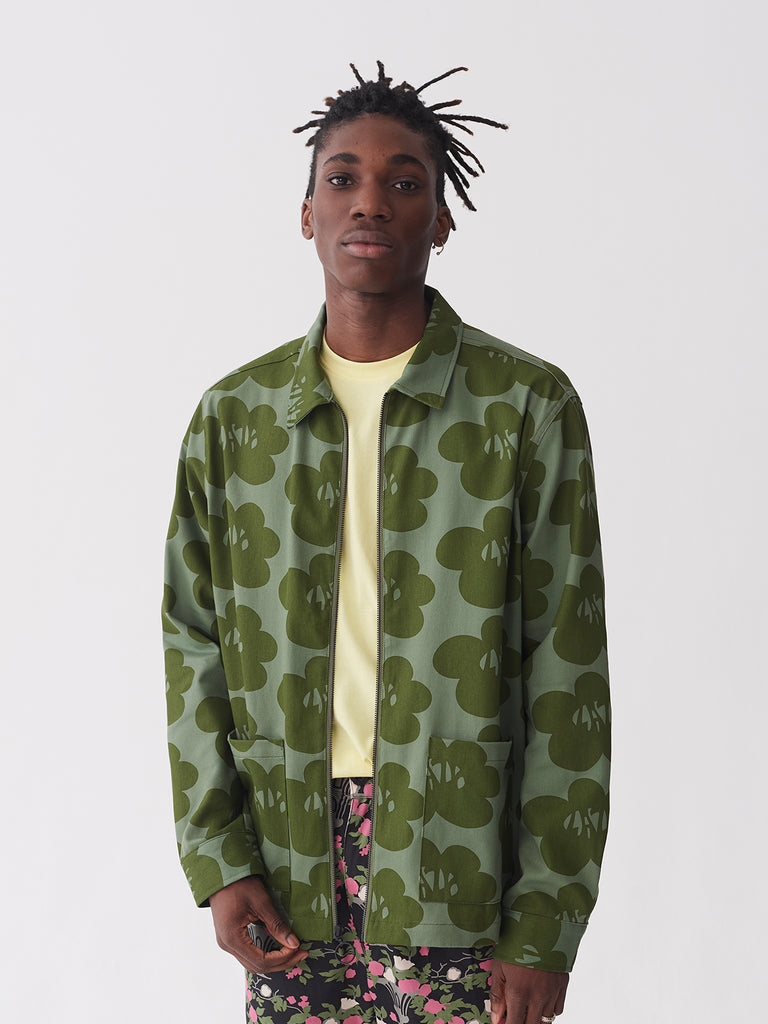 green jacket with flowers