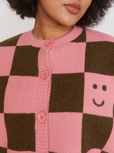 Happy Sad Pink & Khaki Checkerboard Cardigan