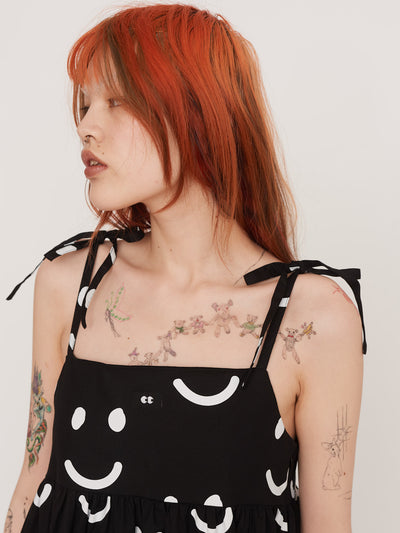 Happy Sad Tie Shoulder Smock Dress